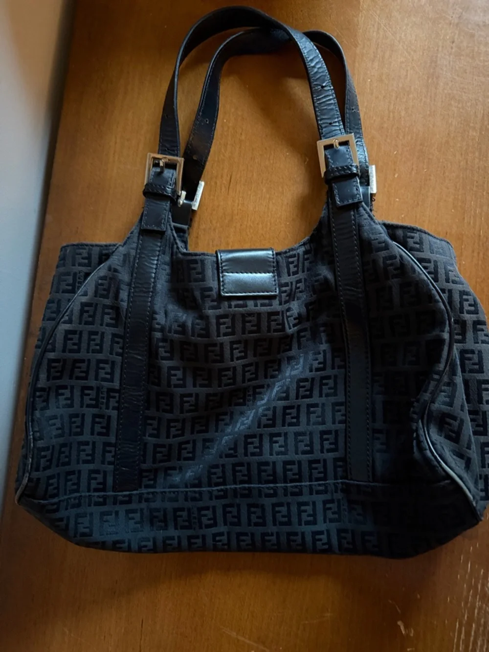 Fendi Black Monogram Canvas Shoulder Bag with Gold FF Buckle - Picture 5 of 5